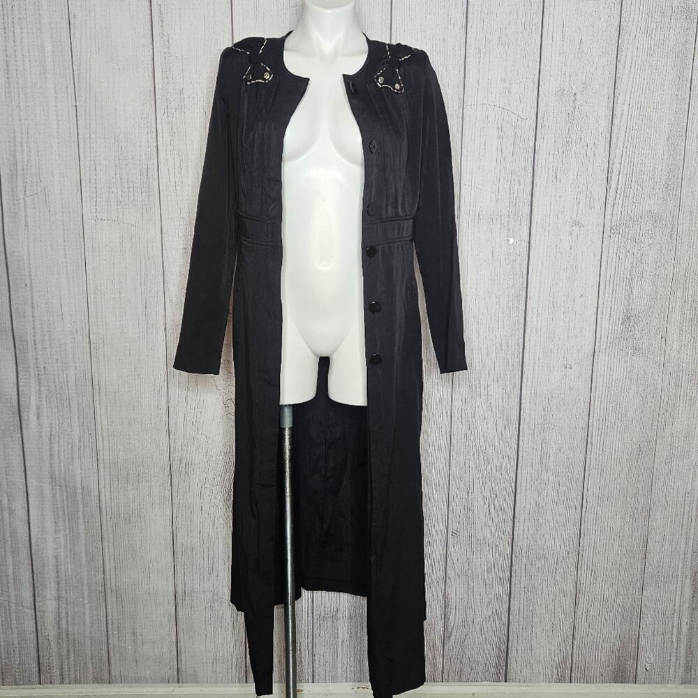 Vieste Jacket Dress, Black Maxi Length Coat with Shoulder Bow Accents, sz 42 - Picture 3 of 9